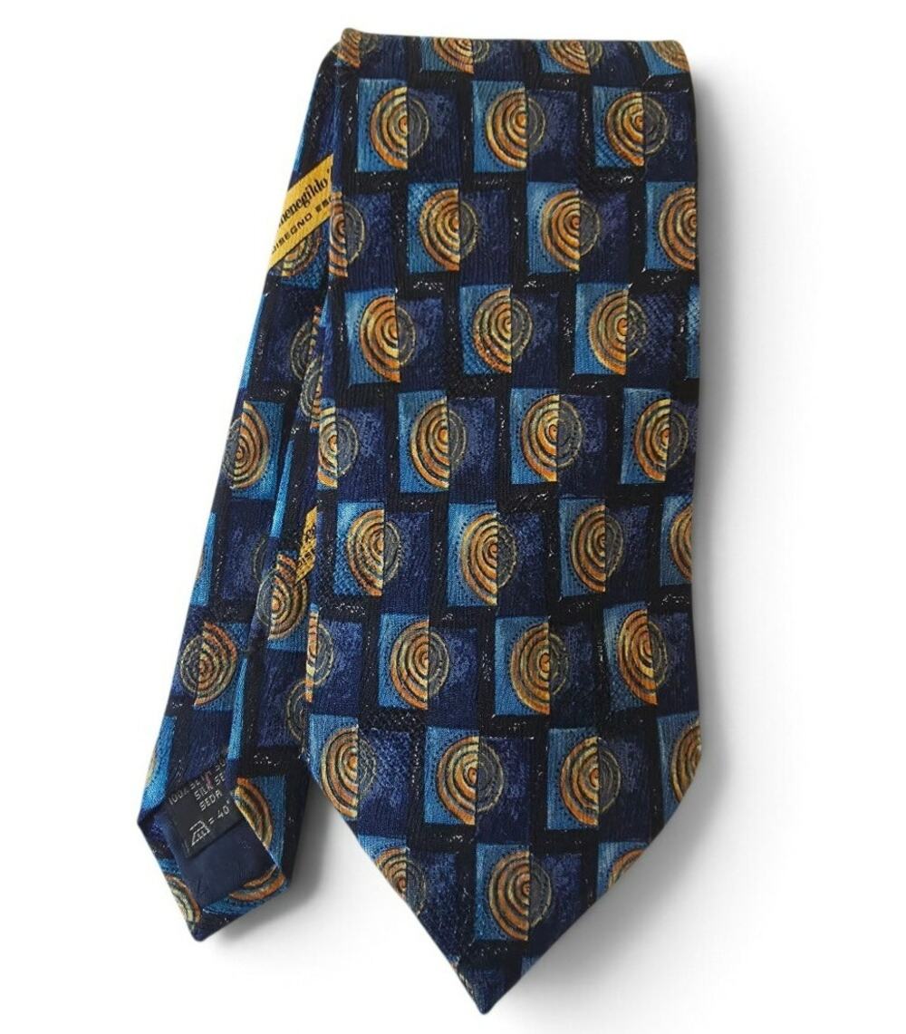 Ermenegildo Zegna Men's Silk Tie Blue Orange Geometric Medallion Italy